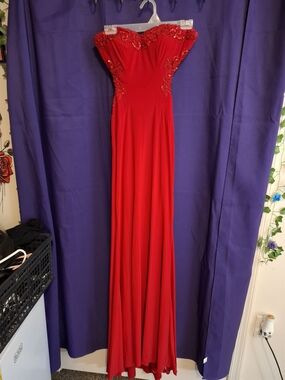Faviana Strapless Red Embellished Maxi Gown